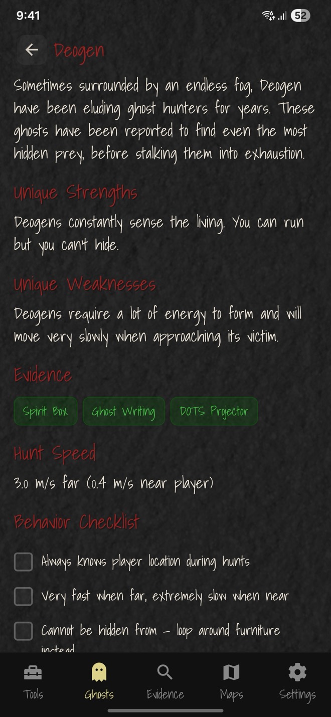PhasmoSync ghost codex entry with strengths, weaknesses and evidence