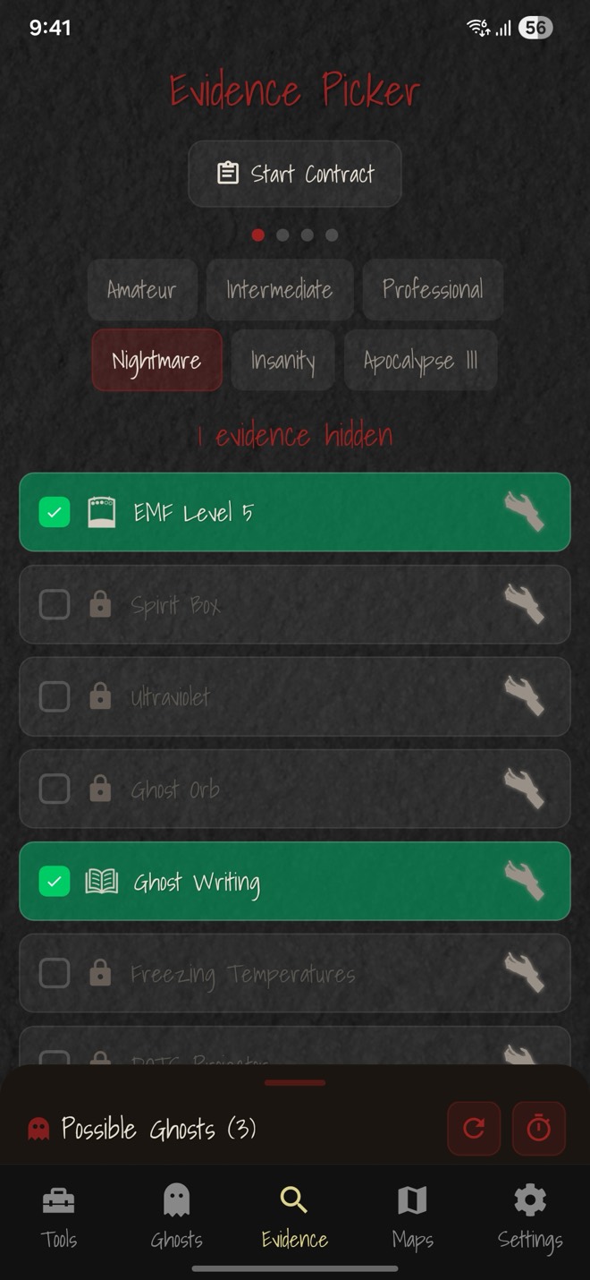 PhasmoSync evidence picker with the ghost shortlist filtering live