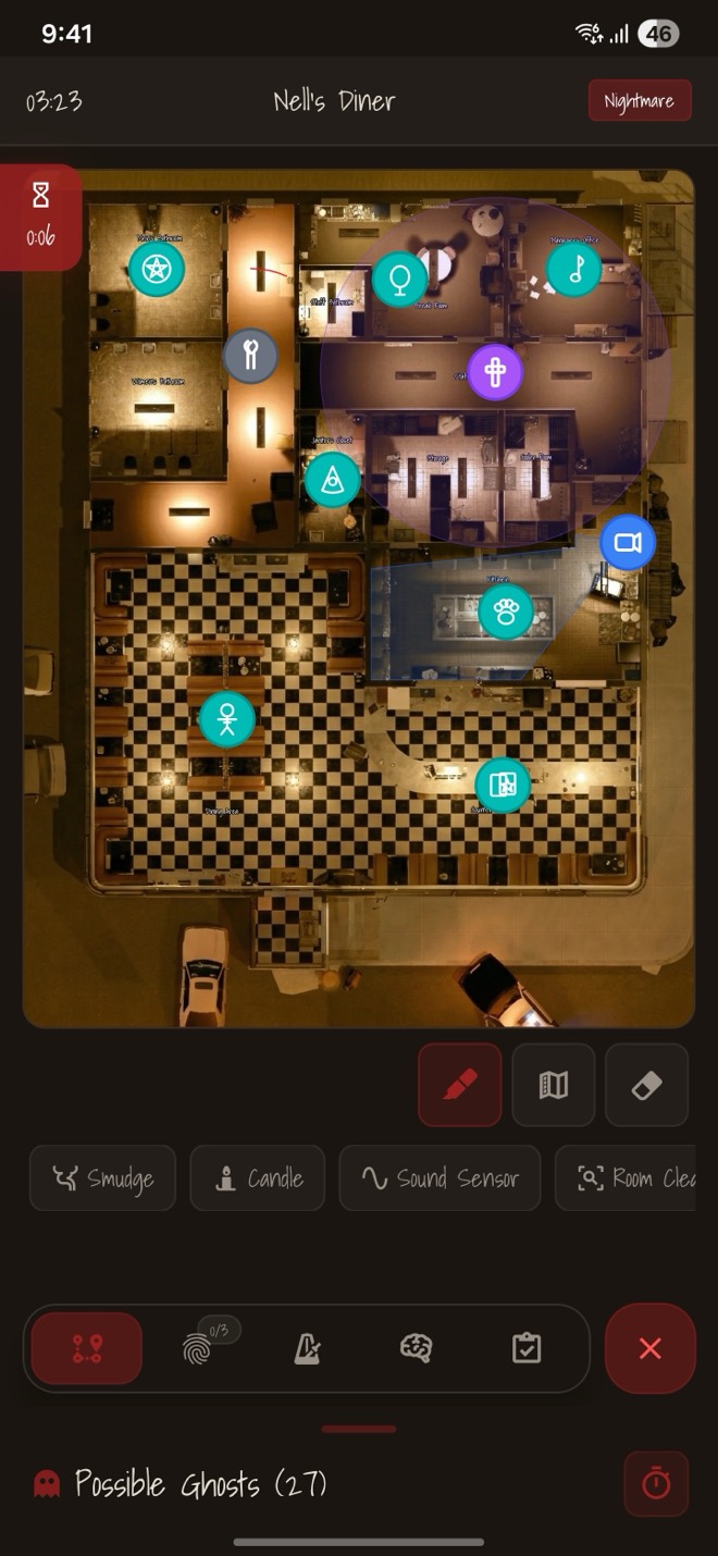 PhasmoSync interactive vector map with equipment markers placed across rooms